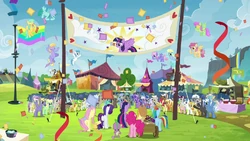 The ponies celebrating Twilight's arrival S4E22.png