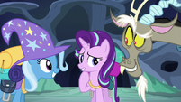 Trixie and Discord look expectantly at Starlight S6E25