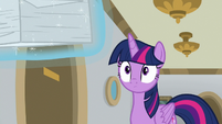Twilight looking at Rarity's worksheets S8E16