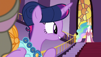 Twilight waving to Princess Celestia S5E7