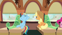 Rainbow and Applejack relaxing in their train car S6E18