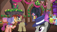 Several ponies at the party; Snowdash looking worried S06E08