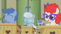Silver laughing at Cheerilee's mane.