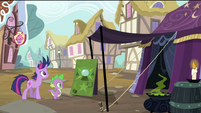 Twilight and Spike about to enter tent S2E20