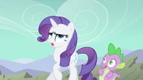 Rarity looks funny and Spike looks worried.