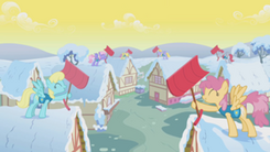 300px-Ponyville's residents, participating in the Winter Wrap Up S01E11