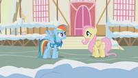 Fluttershy telling Rainbow Dash the animals' homes will flood S1E11