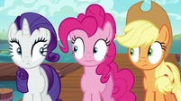 Rarity, Pinkie, and Applejack look at each other S6E22