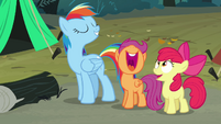 Scootaloo and Apple Bloom, laughing at Rainbow's imitation of Rarity.