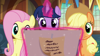 Twilight, Fluttershy, and AJ look at birth certificate S5E19