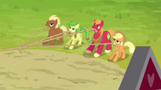 Applejack, Big McIntosh and two other ponies pulling the ropes S3E03