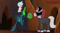 Cozy, Chrysalis, and Tirek look at the bell S9E17
