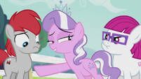 Diamond Tiara points at Train Tracks; looks at Little Red S5E18