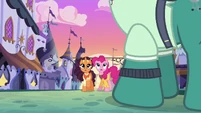 Pinkie and Saffron watch sign sail through the air S6E12