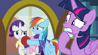 Rarity, Dash, and Twilight looking worried S8E17