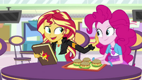 Sunset Shimmer pushing Pinkie Pie away EGS3