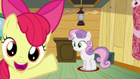 Apple Bloom pointing at Sweetie Belle standing S3E04