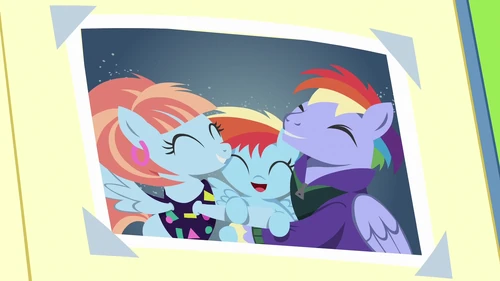Close-up on photo of Bow and Windy hugging Baby Rainbow S7E7