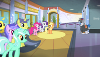 Pinkie, Applejack, and Rarity in the lobby S4E24