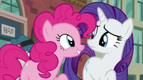 Pinkie Pie finishes spelling PSSSD and smiling at Rarity S6E3