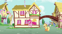 Pinkie Pie calling out to Fluttershy and Rainbow S6E11