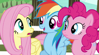 Rainbow pops in between Fluttershy and Pinkie S6E18