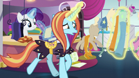 Sassy Saddles trots past Rarity with fabric rolls S7E6