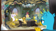 Gallus looks at griffons through the window S8E16