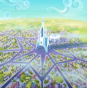 A Crystal Empire background for Games Ponies Play. The stadium behind the castle in this picture is not present in The Crystal Empire - Part 1 or The Crystal Empire - Part 2.