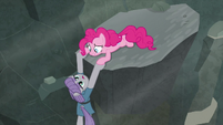 Maud Pie hanging from a gorge ledge S7E4