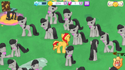 Sunset Shimmer surrounded by Octavias (MLP mobile game)