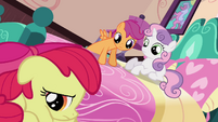 Sweetie Belle and Scootaloo looking at Apple Bloom S3E4