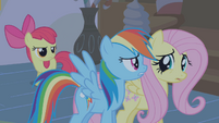 Apple Bloom behind Dash and Fluttershy S1E09