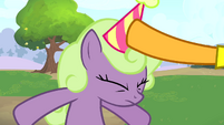 Cheese putting party hat onto a pony S4E12