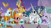 Pillars of Equestria watch the coronation S9E26