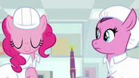 Pinkie shakes her head at factory mare S9E14