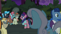 Ponies mingle after the play S5E16
