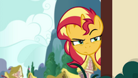 Sunset Shimmer peeks around a building EGSB