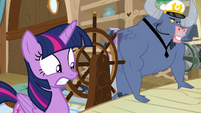 Twilight Sparkle worried; Iron Will grinning S7E22