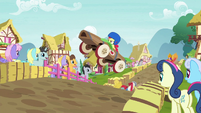 Apple Bloom's speed cart sails through the air S6E14