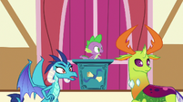 Spike, Ember, and Thorax shocked by the melting sculpture S7E15
