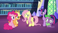 Pinkie and AJ still smiling; Fluttershy still a little uncomfortable S5E21