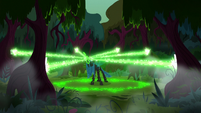 Queen Chrysalis blasting magic at the trees S8E13
