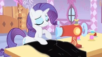 Rarity stops sewing at hearing her friends.