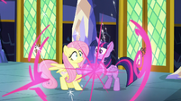 Twilight and Fluttershy teleport into the castle S5E23