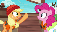 Applejack gesturing toward the boat S6E22