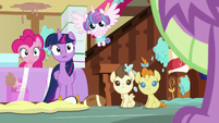 Twilight, Pinkie, and babies look at Spike S7E3