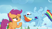 Rainbow Dash hovering upside-down S8E20