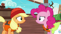 Applejack and Pinkie look at each other uncertain S6E22