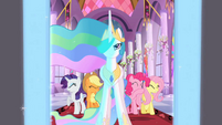 A shot of Princess Celestia surrounded by four of the leading characters, from Hub's fall 2011 lineup promotional video.